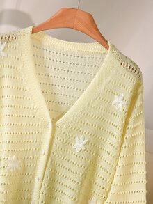 CosyJoli Cárdigan fino de otoño para mujer con cuello en V, calado, bordado floral, manga larga, estilo formal romántico de hada L'amoure, casual para citas, fiesta y noche de cita, blanco - Amarillo - Ver 3