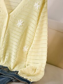 CosyJoli Cárdigan fino de otoño para mujer con cuello en V, calado, bordado floral, manga larga, estilo formal romántico de hada L'amoure, casual para citas, fiesta y noche de cita, blanco - Amarillo - Ver 6