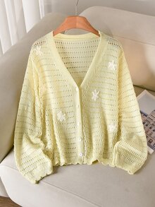 CosyJoli Cárdigan fino de otoño para mujer con cuello en V, calado, bordado floral, manga larga, estilo formal romántico de hada L'amoure, casual para citas, fiesta y noche de cita, blanco - Amarillo - Ver 2