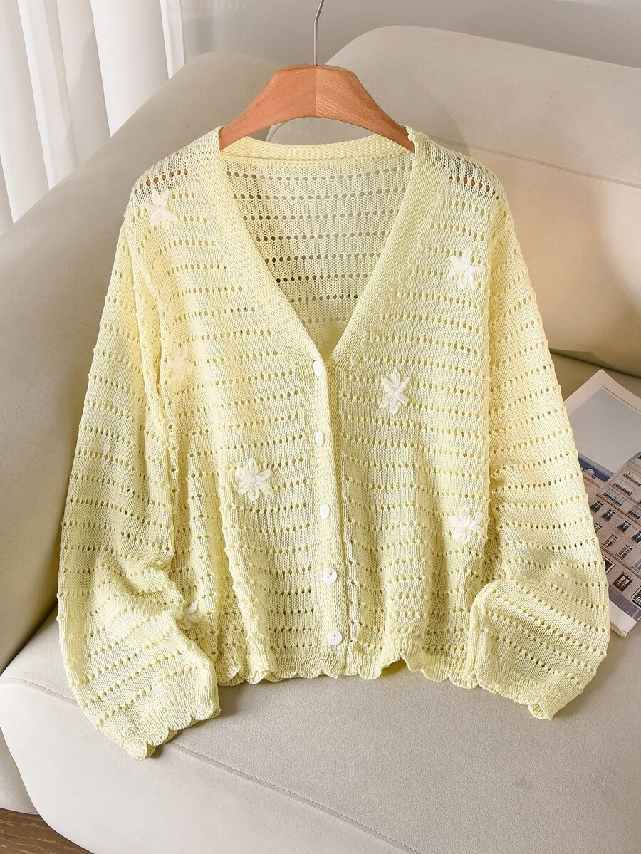 CosyJoli Cárdigan fino de otoño para mujer con cuello en V, calado, bordado floral, manga larga, estilo formal romántico de hada L'amoure, casual para citas, fiesta y noche de cita, blanco