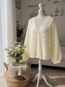 CosyJoli Cárdigan fino de otoño para mujer con cuello en V, calado, bordado floral, manga larga, estilo formal romántico de hada L'amoure, casual para citas, fiesta y noche de cita, blanco - Amarillo - Ver 4