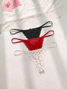 PetitDoll 3pcs/Set Women's Lace Patchwork Bowknot Floral Pattern Thong Panties - Multicolor - View 2