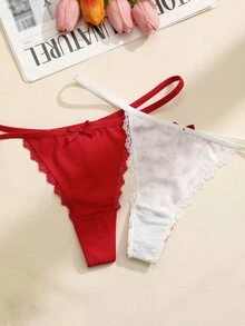 PetitDoll 3pcs/Set Women's Lace Patchwork Bowknot Floral Pattern Thong Panties - Multicolor - View 7