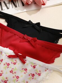 PetitDoll 3pcs/Set Women's Lace Patchwork Bowknot Floral Pattern Thong Panties - Multicolor - View 4