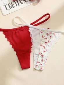 PetitDoll 3pcs/Set Women's Lace Patchwork Bowknot Floral Pattern Thong Panties - Multicolor - View 8