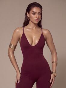 Silquee Solid Color Spaghetti Strap Slim Fit Jumpsuit, Yoga Fitness Outdoor Pilates Morning Run Workout Spring Minimalist Activewear - Burgundy - View 5