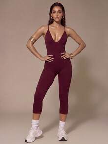 Silquee Solid Color Spaghetti Strap Slim Fit Jumpsuit, Yoga Fitness Outdoor Pilates Morning Run Workout Spring Minimalist Activewear - Burgundy - View 6