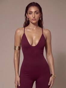 Silquee Solid Color Spaghetti Strap Slim Fit Jumpsuit, Yoga Fitness Outdoor Pilates Morning Run Workout Spring Minimalist Activewear - Burgundy - View 1