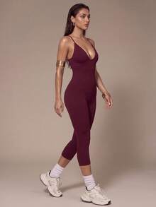 Silquee Solid Color Spaghetti Strap Slim Fit Jumpsuit, Yoga Fitness Outdoor Pilates Morning Run Workout Spring Minimalist Activewear - Burgundy - View 2