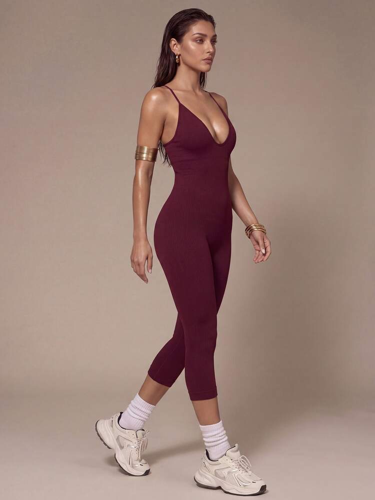 Silquee Solid Color Spaghetti Strap Slim Fit One-Piece Jumpsuit, Yoga Fitness Outdoor Pilates Morning Run Workout Spring Minimalist Activewear - Burgundy - View 2