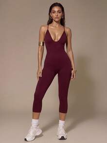 Silquee Solid Color Spaghetti Strap Slim Fit Jumpsuit, Yoga Fitness Outdoor Pilates Morning Run Workout Spring Minimalist Activewear - Burgundy - View 4