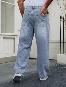 DAZY Autumn Patch Design Navy Blue Original Denim Fabric Wide Leg Men's Jeans - Blue - View 2