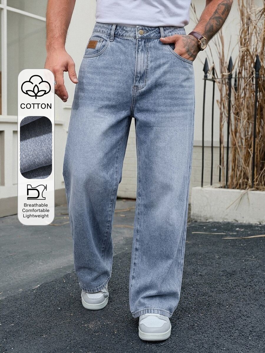 DAZY Autumn Patch Design Navy Blue Original Denim Fabric Wide Leg Men's Jeans - Blue - View 1