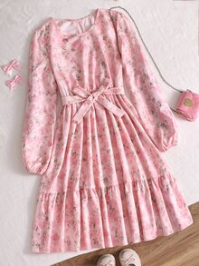 SHEIN 青少年女孩休閒全印花長袖迷你洋裝，適合夏季、秋季穿搭 - 粉色 - 查看 4