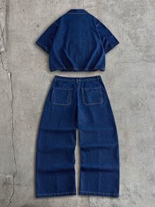 CalleClaro 男士水洗襯衫套裝，時尚長褲與上衣 - 深色水洗藍 - 查看 2