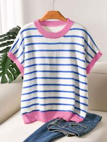 CosyJoli Plus Size Elegant French Casual Striped Colorblock Minimalist Premium Versatile Knit Vest Top For Women, Spring/Summer Winter - Pink - View 2