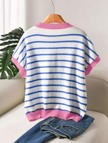 CosyJoli Plus Size Elegant French Casual Striped Colorblock Minimalist Premium Versatile Knit Vest Top For Women, Spring/Summer Winter - Pink - View 3