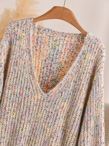 CosyJoli Plus Size Women's V-Neck White And Yellow Chunky Knit Long Sleeve Pullover Sweater Autumn Formal Home Wear Vacation Casual Baggy - Multicolor - View 2
