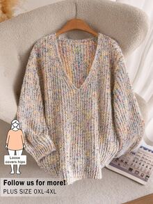 CosyJoli Plus Size Women's V-Neck White And Yellow Chunky Knit Long Sleeve Pullover Sweater Autumn Formal Home Wear Vacation Casual Baggy - Multicolor - View 1