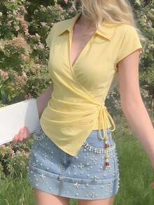 SHEIN MOD 女款時尚浪漫淡黃色夏季上衣，優雅綁帶不對稱下擺襯衫，適合早午餐度假，復古鄉村風穿搭，上班穿著 - 黃色 - 查看 10