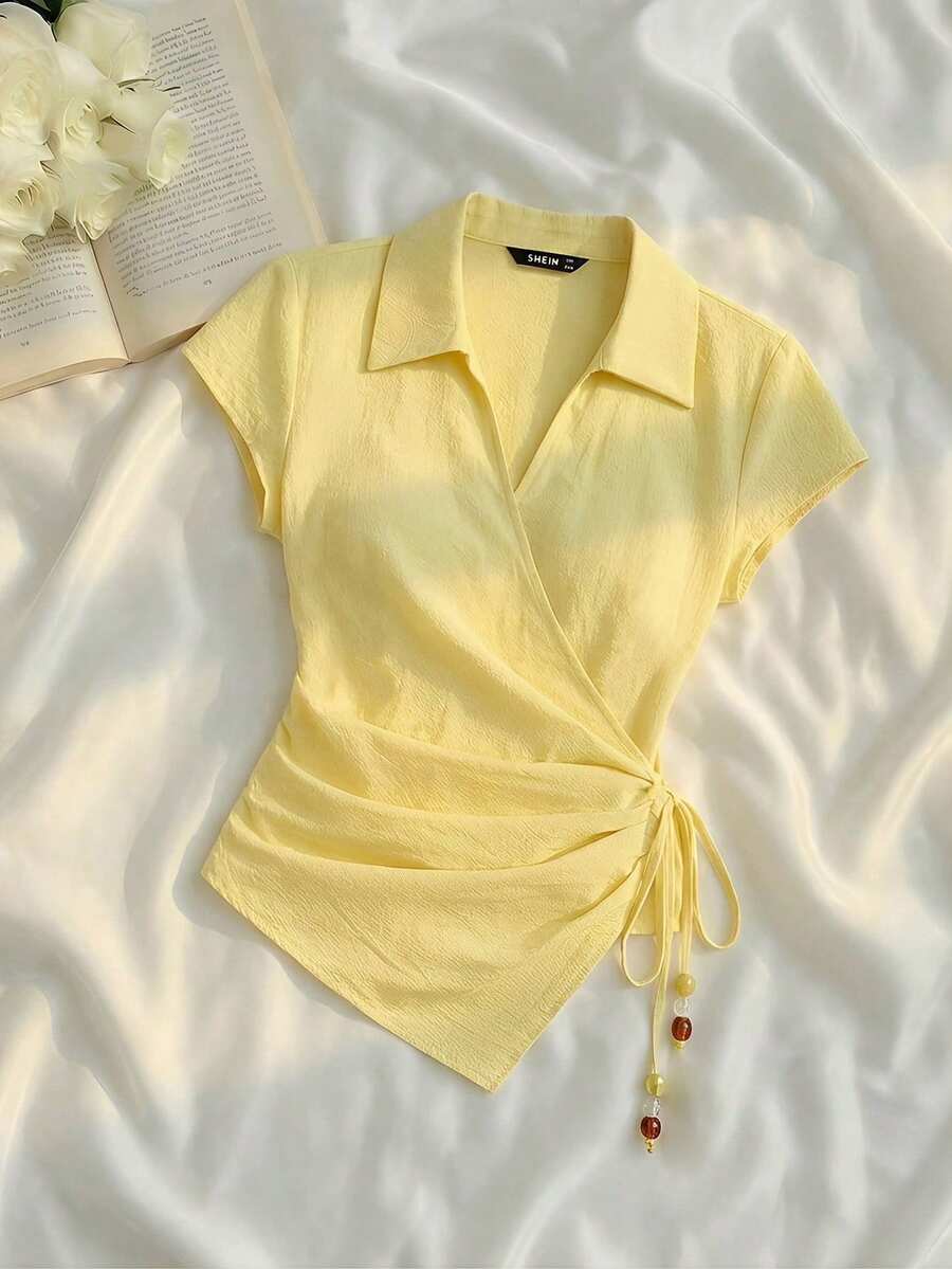 SHEIN MOD 女款時尚浪漫淡黃色夏季上衣，優雅綁帶不對稱下擺襯衫，適合早午餐度假，復古鄉村風穿搭，上班穿著