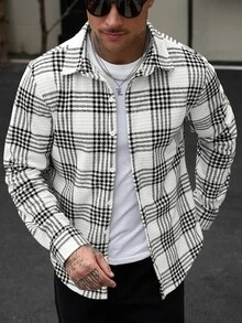 Manfinity CasualCool 男士燈芯絨格紋長袖厚款翻領襯衫 - 黑與白 - 查看 7