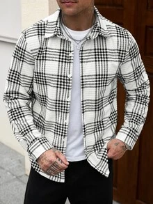 Manfinity CasualCool 男士燈芯絨格紋長袖厚款翻領襯衫 - 黑與白 - 查看 3
