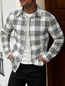 Manfinity CasualCool 男士燈芯絨格紋長袖厚款翻領襯衫 - 黑與白 - 查看 4