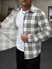 Manfinity CasualCool 男士燈芯絨格紋長袖厚款翻領襯衫 - 黑與白 - 查看 6