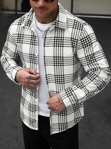 Manfinity CasualCool 男士燈芯絨格紋長袖厚款翻領襯衫 - 黑與白 - 查看 1