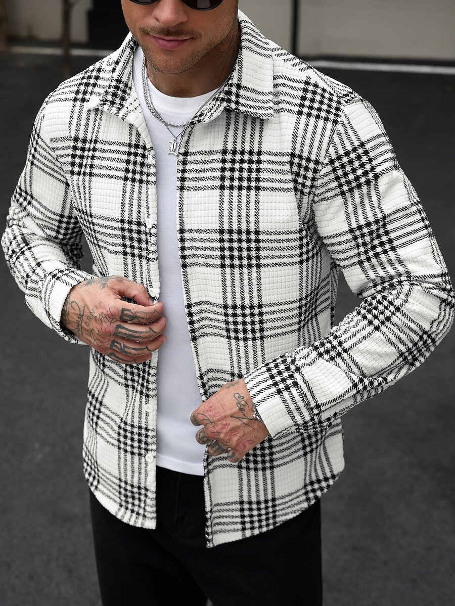 Manfinity CasualCool 男士燈芯絨格紋長袖厚款翻領襯衫 - 黑與白 - 查看 1