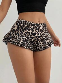 SHEIN SXY Celana Pendek Mini Ruffle Motif Leopard Ukuran Besar untuk Kencan Malam, Pesta, Musim Panas, Seksi, Gaya Country, Hitam - MultiWarna - View 8