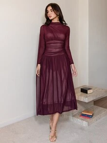 Modelyn 女款優雅純色收腰長洋裝 - 酒紅色 - 查看 7