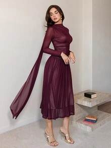 Modelyn 女款優雅純色收腰長洋裝 - 酒紅色 - 查看 6