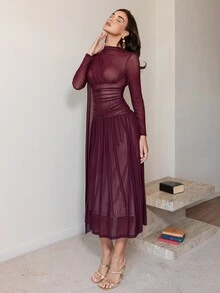 Modelyn 女款優雅純色收腰長洋裝 - 酒紅色 - 查看 8
