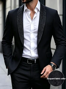 Manfinity Mode Men's Black Business Slim Fit Shawl Collar Single-Breasted Jacquard Blazer, Formal, Old Money - Black - View 5