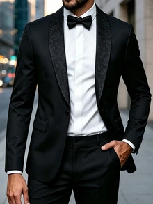 Manfinity Mode Men's Black Business Slim Fit Shawl Collar Single-Breasted Jacquard Blazer, Formal, Old Money - Black - View 6