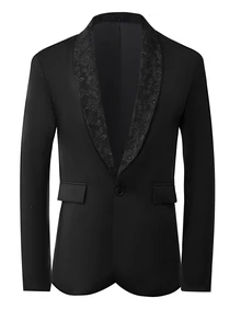 Manfinity Mode Men's Black Business Slim Fit Shawl Collar Single-Breasted Jacquard Blazer, Formal, Old Money - Black - View 3