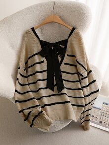 CosyJoli Plus Size Women V-Neck Long Sleeve Striped Pullover Sweater, Daily Wear Bowknot Back Design, Casual & Fashionable Autumn Winter - Khaki - View 8