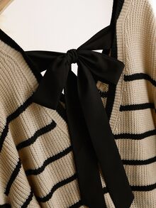 CosyJoli Plus Size Women V-Neck Long Sleeve Striped Pullover Sweater, Daily Wear Bowknot Back Design, Casual & Fashionable Autumn Winter - Khaki - View 3