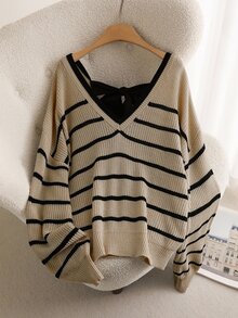 CosyJoli Plus Size Women V-Neck Long Sleeve Striped Pullover Sweater, Daily Wear Bowknot Back Design, Casual & Fashionable Autumn Winter - Khaki - View 9
