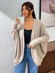 Lounesse Plus Size Casual Simple Normal Loose Ribbed Brushed Knit Cardigan Jacket Business Rodeo Office Airport Black Autumn Fall - Khaki - View 5