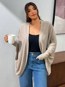 Lounesse Plus Size Casual Simple Normal Loose Ribbed Brushed Knit Cardigan Jacket Business Rodeo Office Airport Black Autumn Fall - Khaki - View 7
