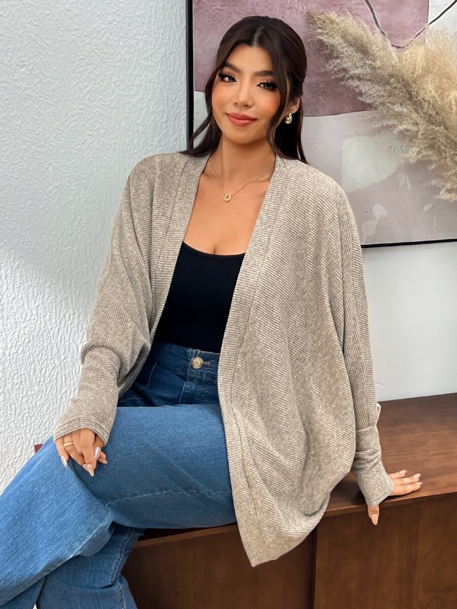 Lounesse Plus Size Casual Simple Normal Loose Ribbed Brushed Knit Cardigan Jacket Business Rodeo Office Airport Black Autumn Fall
