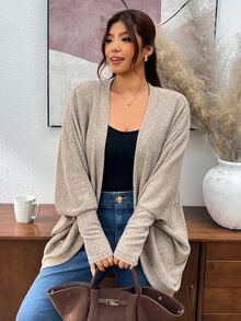 Lounesse Plus Size Casual Simple Normal Loose Ribbed Brushed Knit Cardigan Jacket Business Rodeo Office Airport Black Autumn Fall - Khaki - View 8