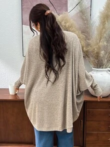 Lounesse Plus Size Casual Simple Normal Loose Ribbed Brushed Knit Cardigan Jacket Business Rodeo Office Airport Black Autumn Fall - Khaki - View 3