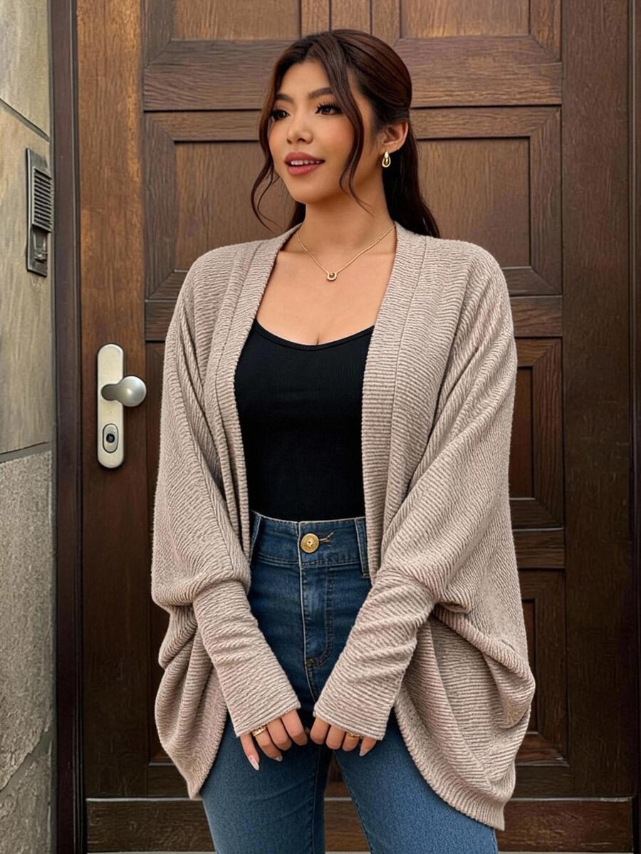 Lounesse Plus Size Casual Simple Normal Loose Ribbed Brushed Knit Cardigan Jacket Business Rodeo Office Airport Black Autumn Fall