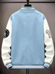 Manfinity Campus Court Men 1pc Long Sleeve Letter Graphic Colorblock Varsity Baseball Jacket , Fall, Bomber - Dusty Blue - View 2