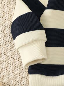 Souflis Souflis Baby Boys Casual Sports Bear Embroidery Decor Blue Striped Crew Neck Sweatshirt And Black Long Pants 2-Piece Set, Suitable For Daily Wear, Matching, Autumn/Winter - Multicolor - View 6