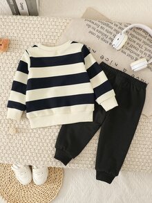 Souflis Souflis Baby Boys Casual Sports Bear Embroidery Decor Blue Striped Crew Neck Sweatshirt And Black Long Pants 2-Piece Set, Suitable For Daily Wear, Matching, Autumn/Winter - Multicolor - View 4